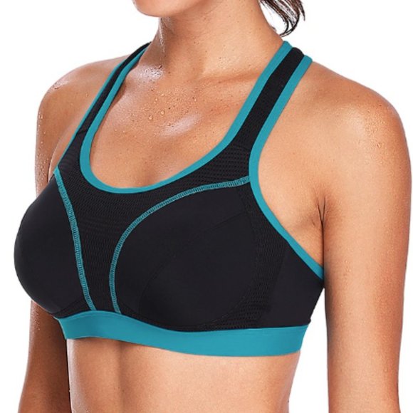 Private Label Sports Bra High Impact Racer Cut-Out Striped AQUA NEW - ALL SIZES! - Picture 4 of 12